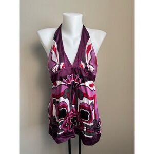 Bebe Abstract Print Halter Top Purple Pink Small Sleeveless V-Neck Festival Chic